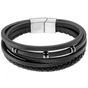  Men's steel bracelet leather 316L black